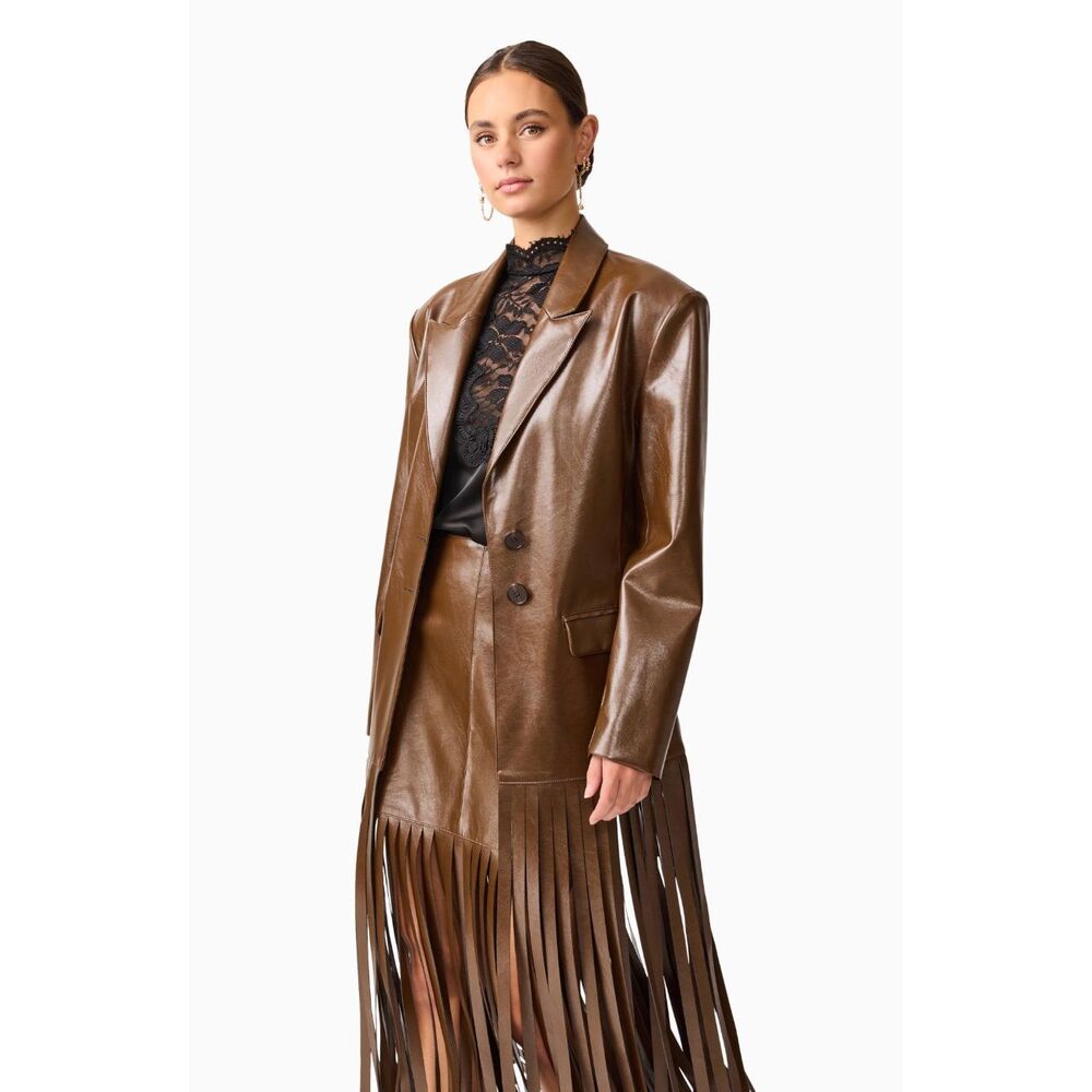ELLIATT Vegan Leather Fringe Suit Set – Brown Blazer & Maxi Skirt size S NWT - Picture 4 of 11